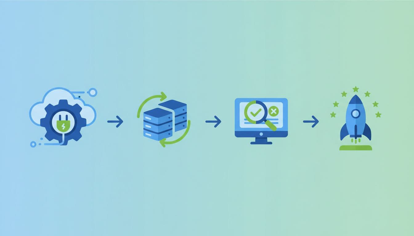 Modern illustration of sequential icons for integrating management software with ecommerce, depicting API connection, data sync, testing, and go live, connected by arrows in blue-green palette.