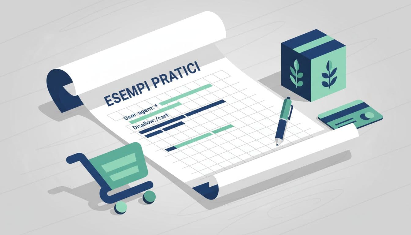 Modern illustration of a sample robots.txt code snippet as a blueprint document on a desk, surrounded by ecommerce elements like shopping carts and products, with a pen nearby, in blues and greens.