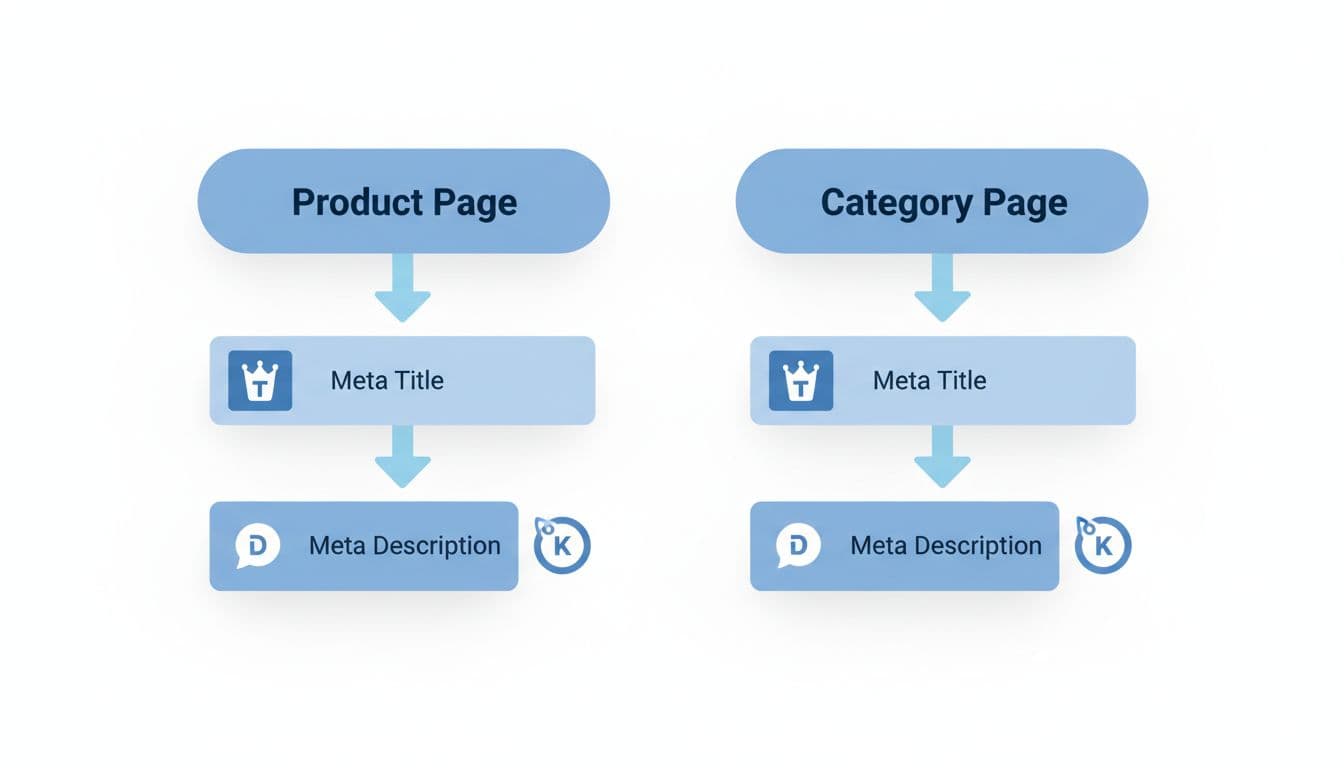 Modern flowchart illustration showing the SEO process for meta tags on product and category pages, featuring simple icons for title, description, and keywords connected by arrows on a white background.