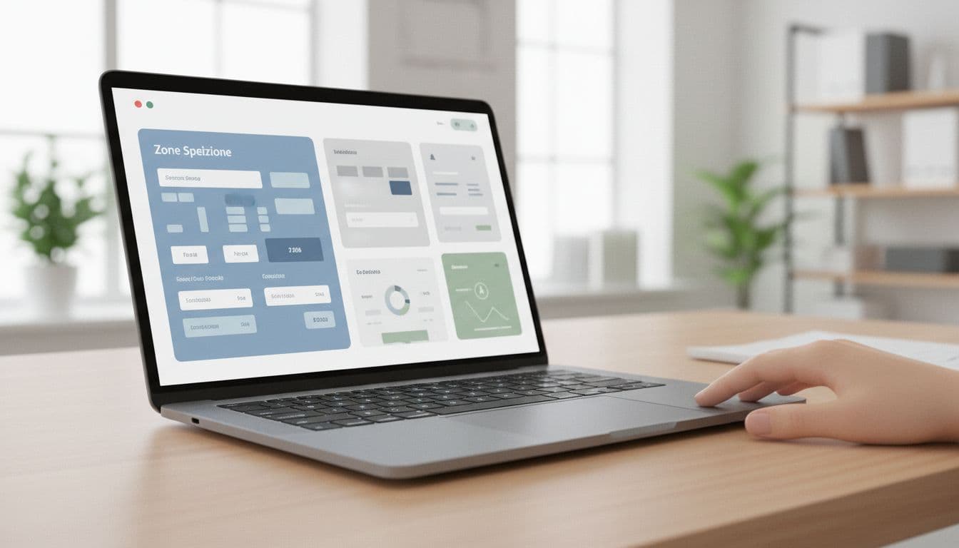 Modern illustration of a clean e-commerce dashboard interface on a laptop screen, focusing on shipping cost settings by ZIP code zones, with a relaxed hand nearby on a desk in a bright office.