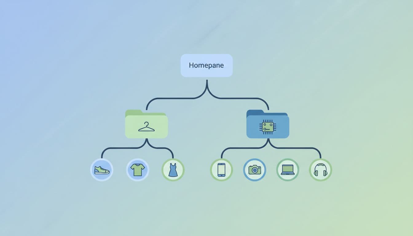 Modern illustration in soft blues and greens depicting a hierarchical tree map of an ecommerce XML sitemap, with central homepage node branching to category folders like clothing and electronics, further to product icons such as shoe, phone, and shirt.