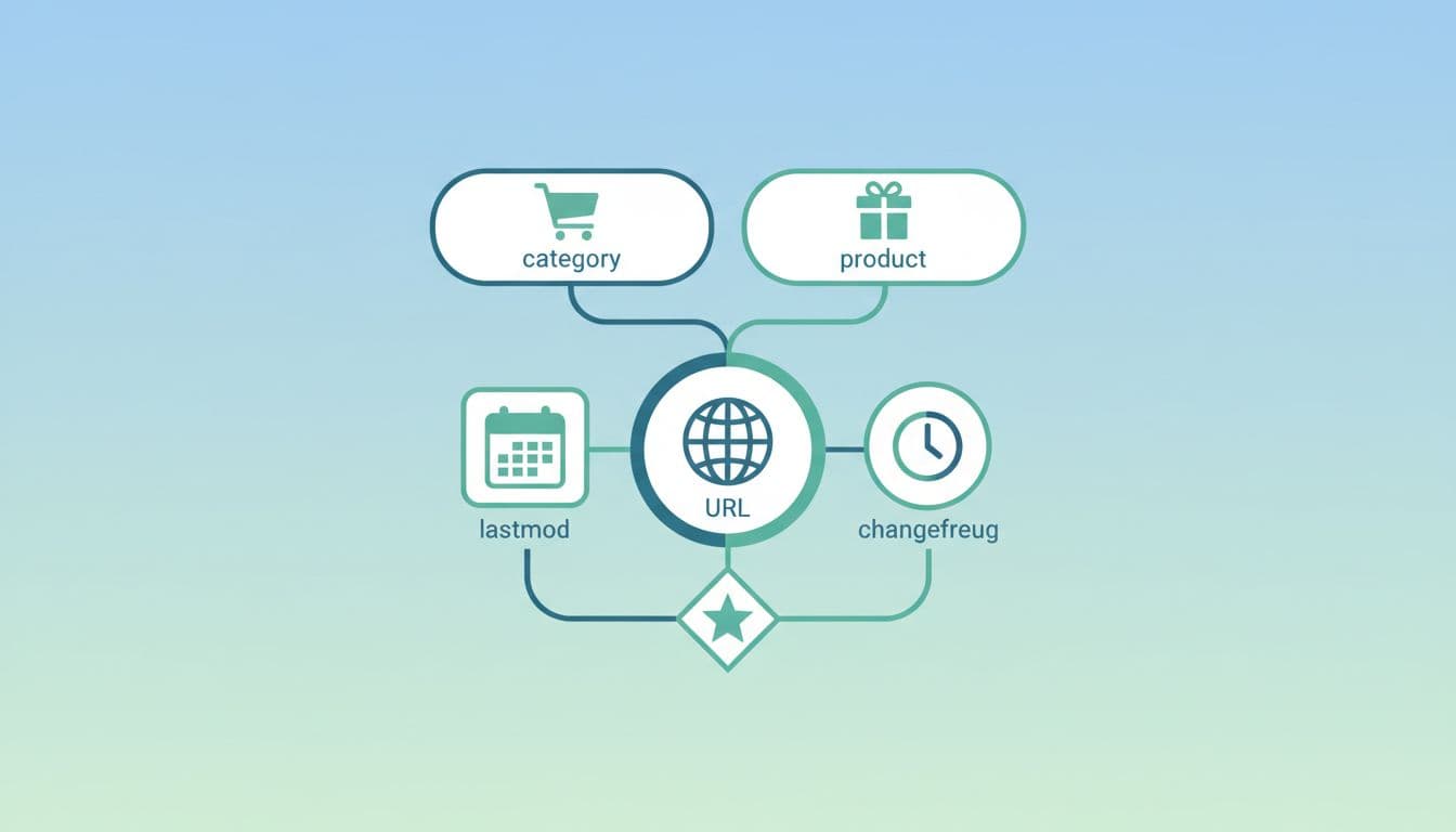 Modern illustration in soft blues and greens depicting a sitemap entry with central URL globe icon, surrounded by lastmod calendar, changefreq clock, priority star, and connected category and product icons on a light gradient background.