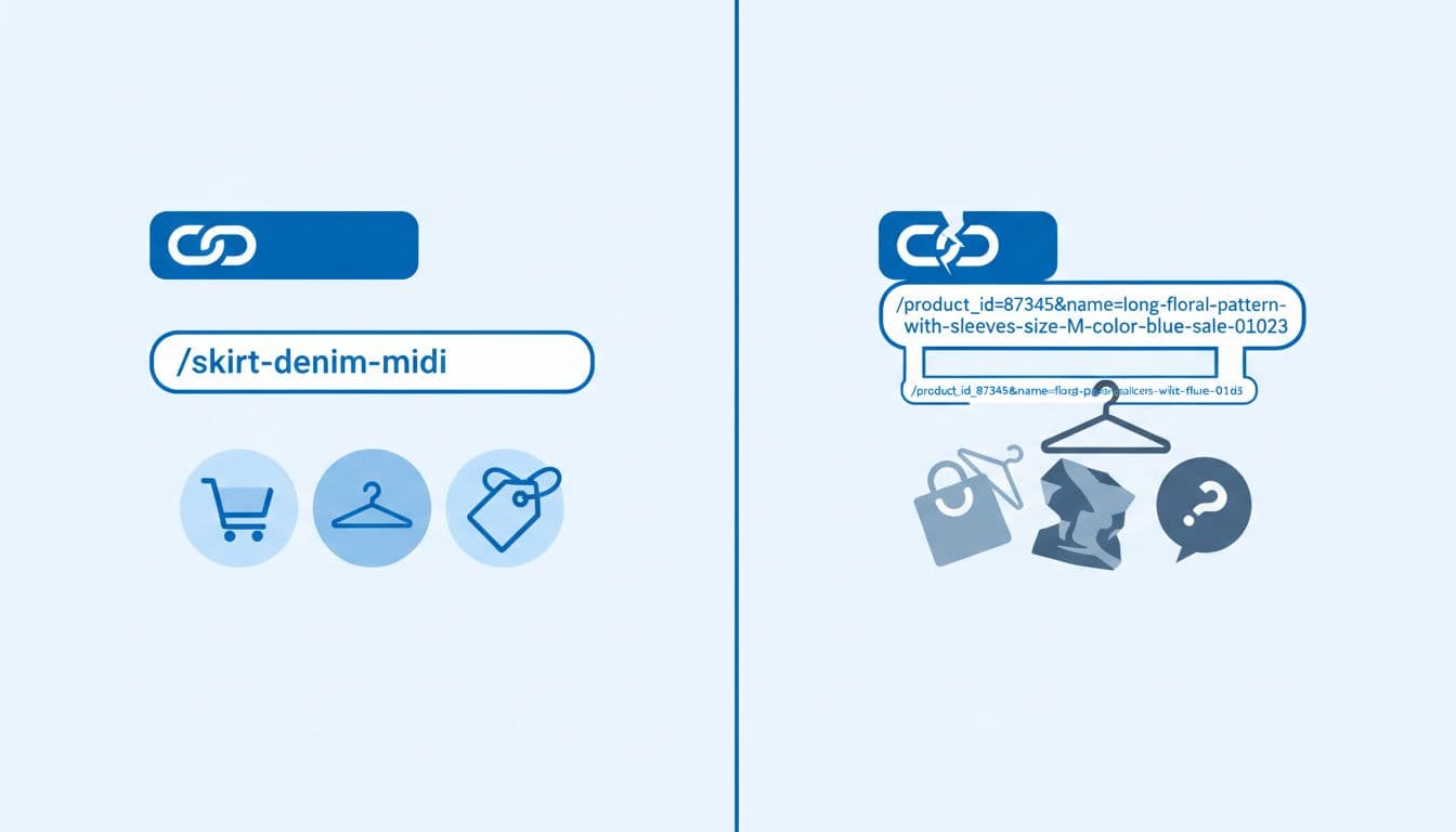 Split-scene modern illustration in blues and whites contrasting a short, descriptive good product URL on the left with a long, messy bad URL on the right, using ecommerce product icons without any text.