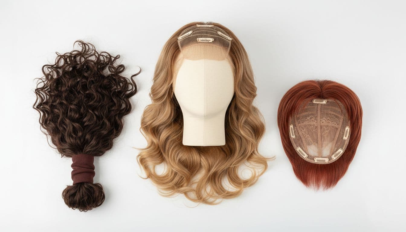 Top-down view of exactly three hair toppers and ponytail extensions in various lengths and colors displayed on a mannequin head on a clean salon table, photorealistic studio lighting, no people or hands.