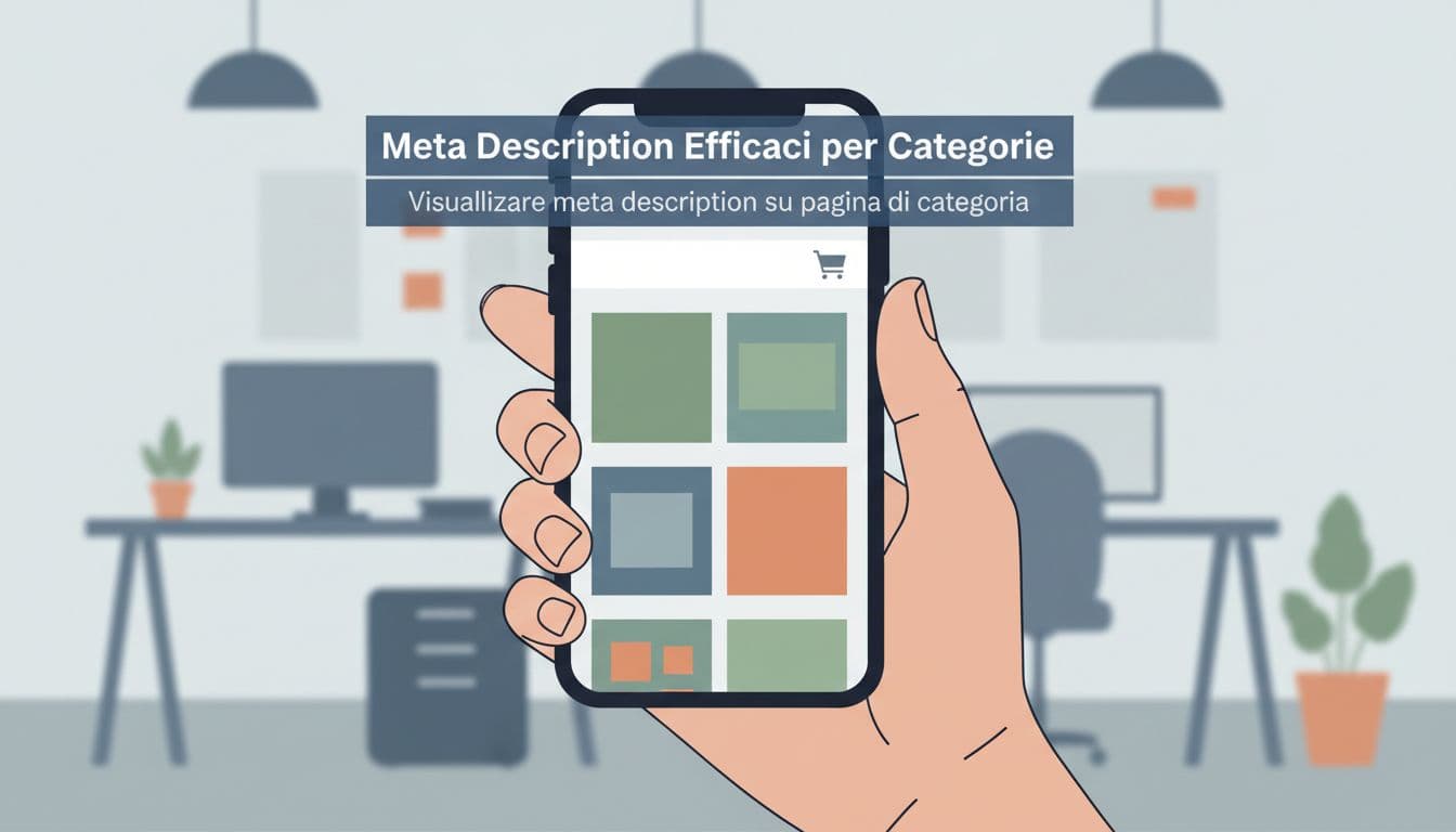 Modern illustration featuring a close-up of an e-commerce category page on a mobile device held by one hand, with subtle meta tags overlay, shopping cart icon, products grid, and soft office background.