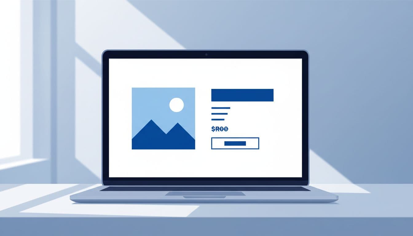 Modern illustration featuring a laptop screen displaying a structured ecommerce product page with image, title, bullet points, price, and buy button, set on a simple desk with natural light in blues and whites.