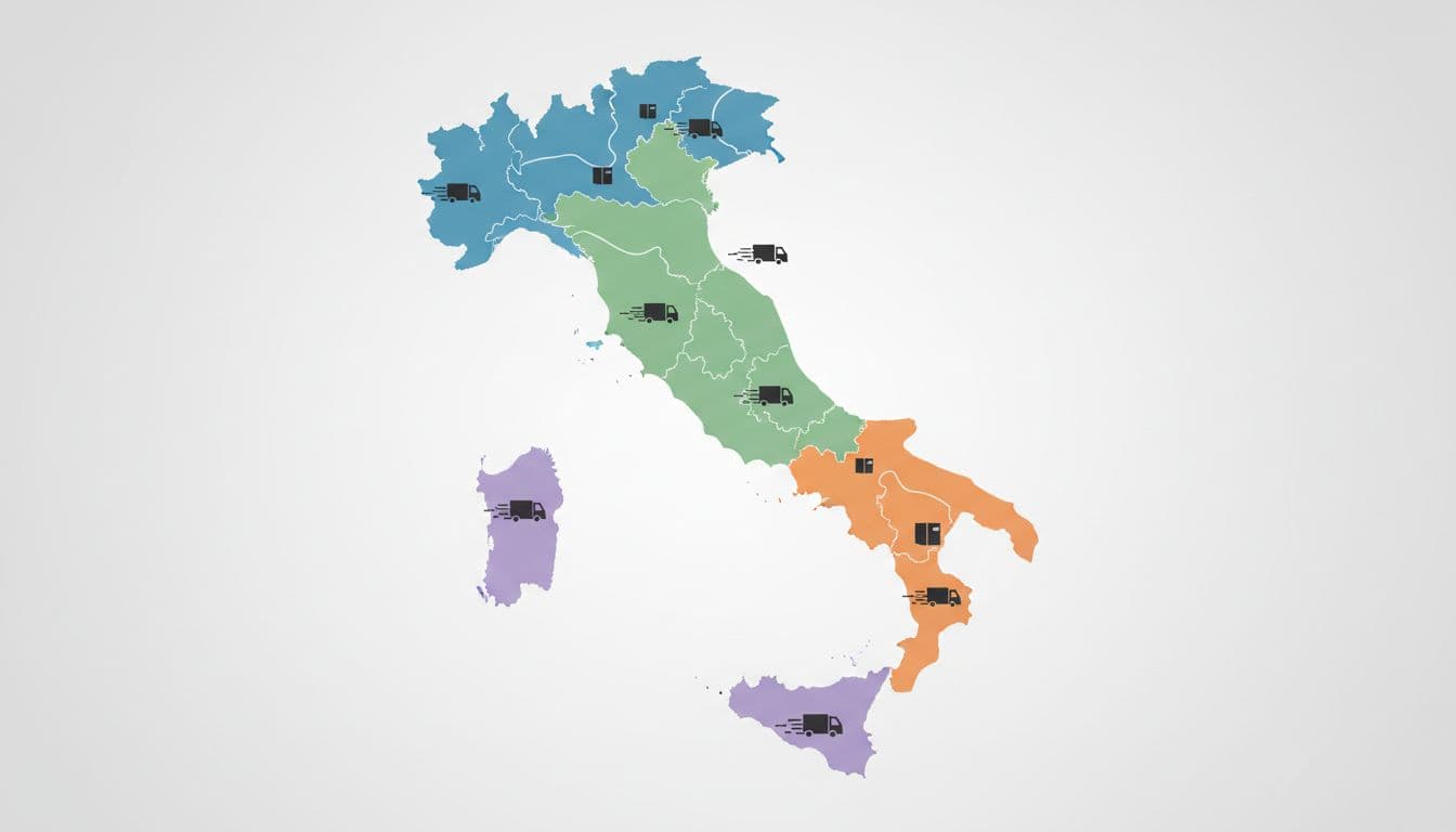 Illustrazione moderna con forme pulite e colori controllati: mappa centrale dell'Italia divisa in zone di consegna colorate diversamente per CAP, icone di pacchi in movimento su strade, sfondo neutro senza persone, testo o loghi.