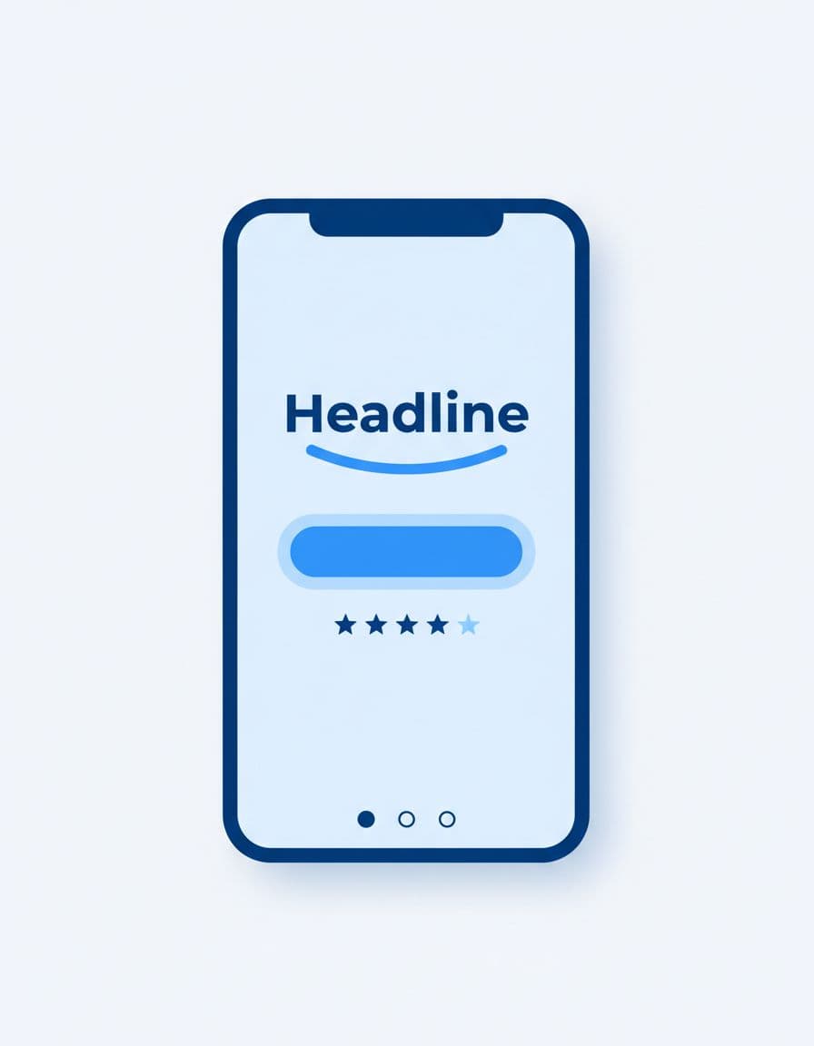 Modern illustration in blue tones of a mobile phone screen showing a minimal above-the-fold website layout with short headline, single CTA button, social proof stars, and minimal navigation.