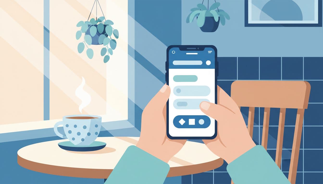 Modern illustration of one person holding a smartphone with a relaxed grip, viewing a mobile-optimized ecommerce checkout page with large buttons and minimal fields, in a cozy cafe setting with a coffee cup nearby and natural daylight.