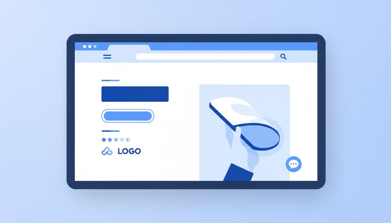 Clean illustration in blues and whites showing a balanced website homepage above the fold with headline, CTA button, social proof icons, hero product image, navigation bar, and chat icon.