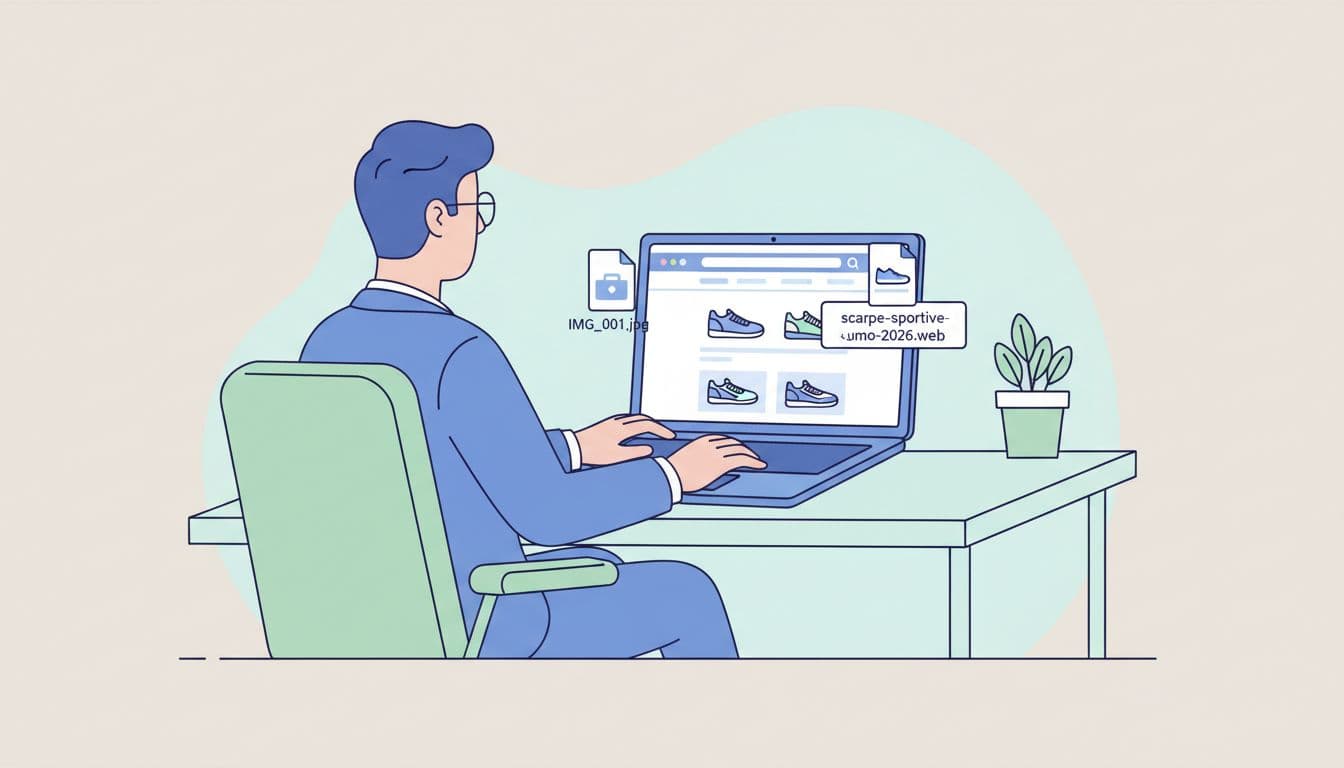Illustrazione moderna di un professionista in ufficio che ottimizza nomi file per immagini ecommerce, mostrando side by side 'IMG_001.jpg' e 'scarpe-sportive-uomo-2026.webp' su desktop con browser shop aperto.