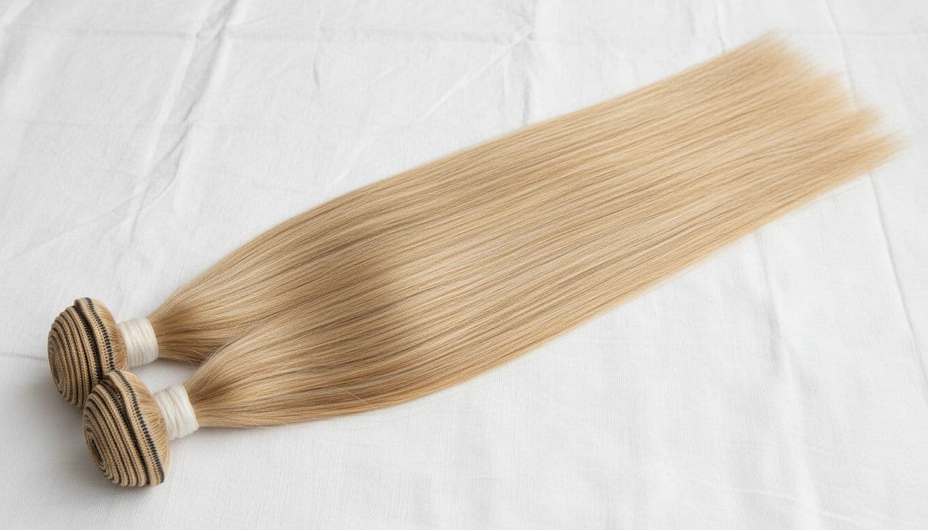 Close-up of high-quality Remy human hair extensions with straight blonde strands laid flat on a white surface, displaying natural shine and aligned cuticles under soft lighting.