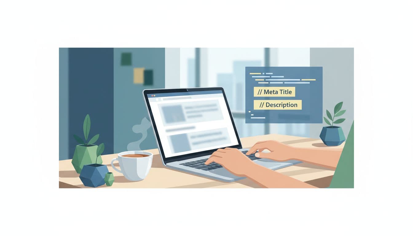 Modern illustration of a laptop screen displaying a product page with meta title and description highlighted in a nearby code snippet, set on a desk with coffee mug and one person typing under natural light.