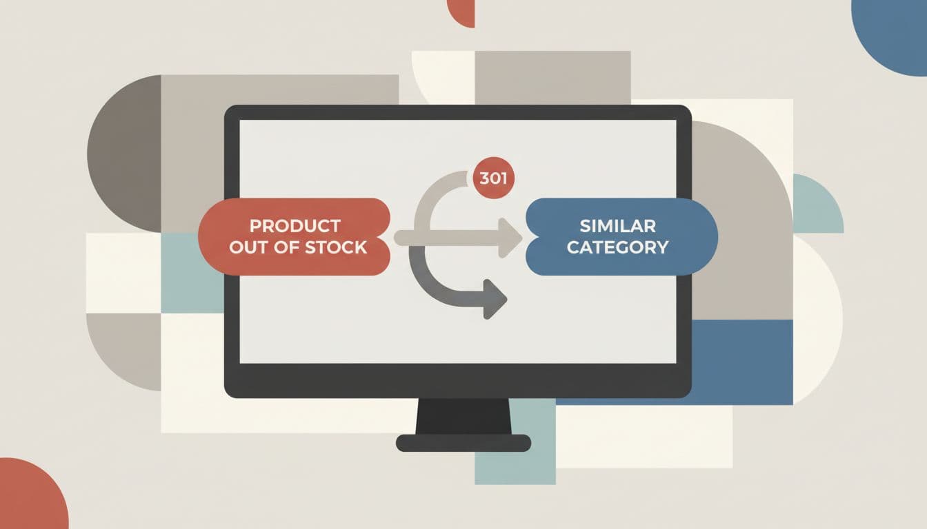 Modern clean illustration depicting a 301 redirect from an out-of-stock product to a similar category, featuring arrow flows on a screen with neutral abstract background.