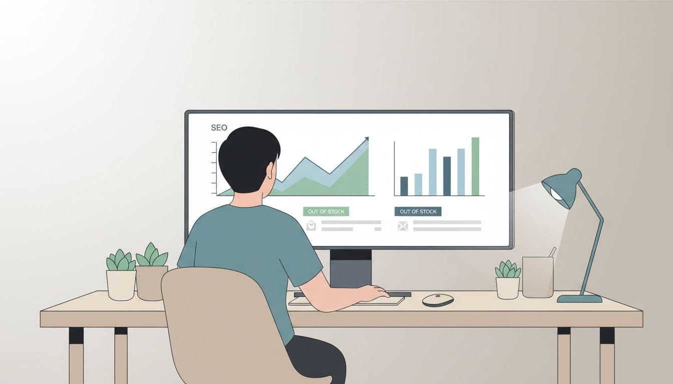 Modern clean illustration of a dashboard analytics showing stable SEO traffic despite out-of-stock products, with one person viewing the screen on a contemporary desk setup, soft lighting, neutral background, and uniform lines.