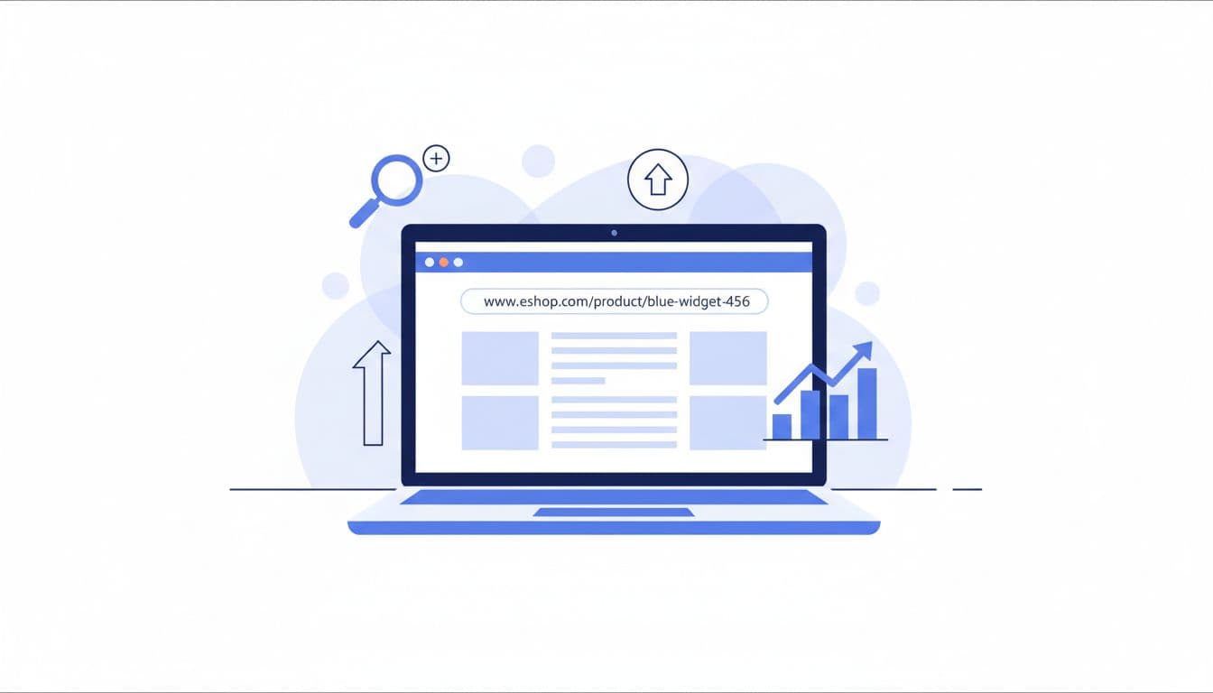 Modern illustration in blues and whites featuring a laptop on a desk showing a simple clean ecommerce product URL in the browser, surrounded by SEO icons like magnifying glass and upward arrows.