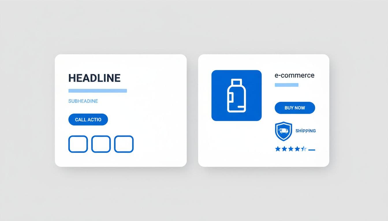 Modern illustration in blue-white palette showing two desktop hero sections side-by-side: left for services with headline, subheadline, CTA, testimonials; right for e-commerce with product, buy button, shipping badge, reviews. Clean shapes, strong composition, no text or watermarks.
