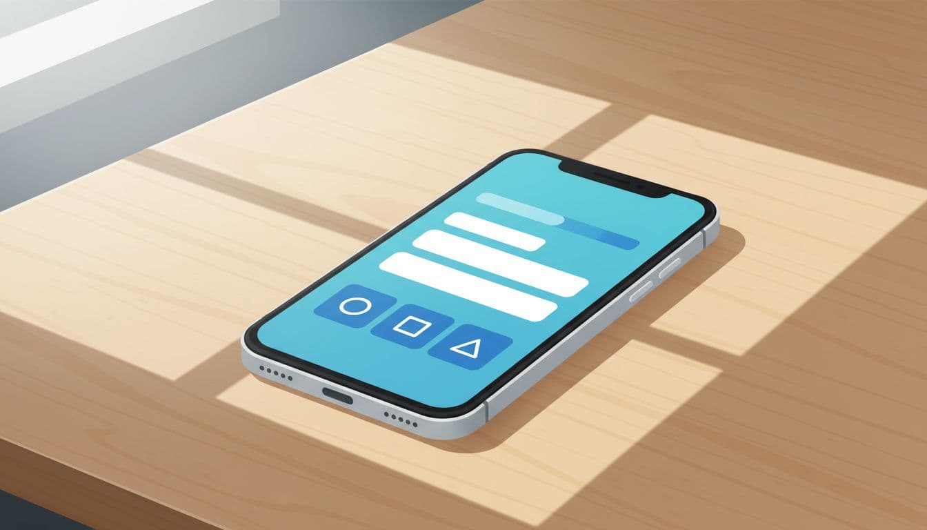 Modern illustration featuring a single smartphone on a wooden table in bright natural light, displaying a simplified ecommerce checkout flow with progress bar, form fields, and payment icons in a clean blues and whites palette.