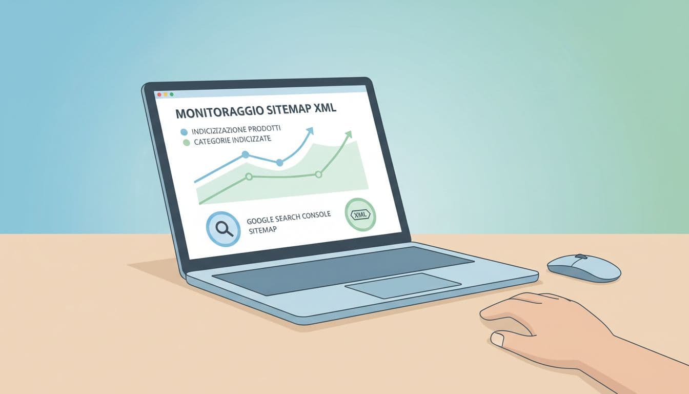 Modern illustration of a laptop displaying an abstract dashboard screen with sitemap performance metrics, rising graphs for indexed ecommerce products and categories, in soft blues and greens.