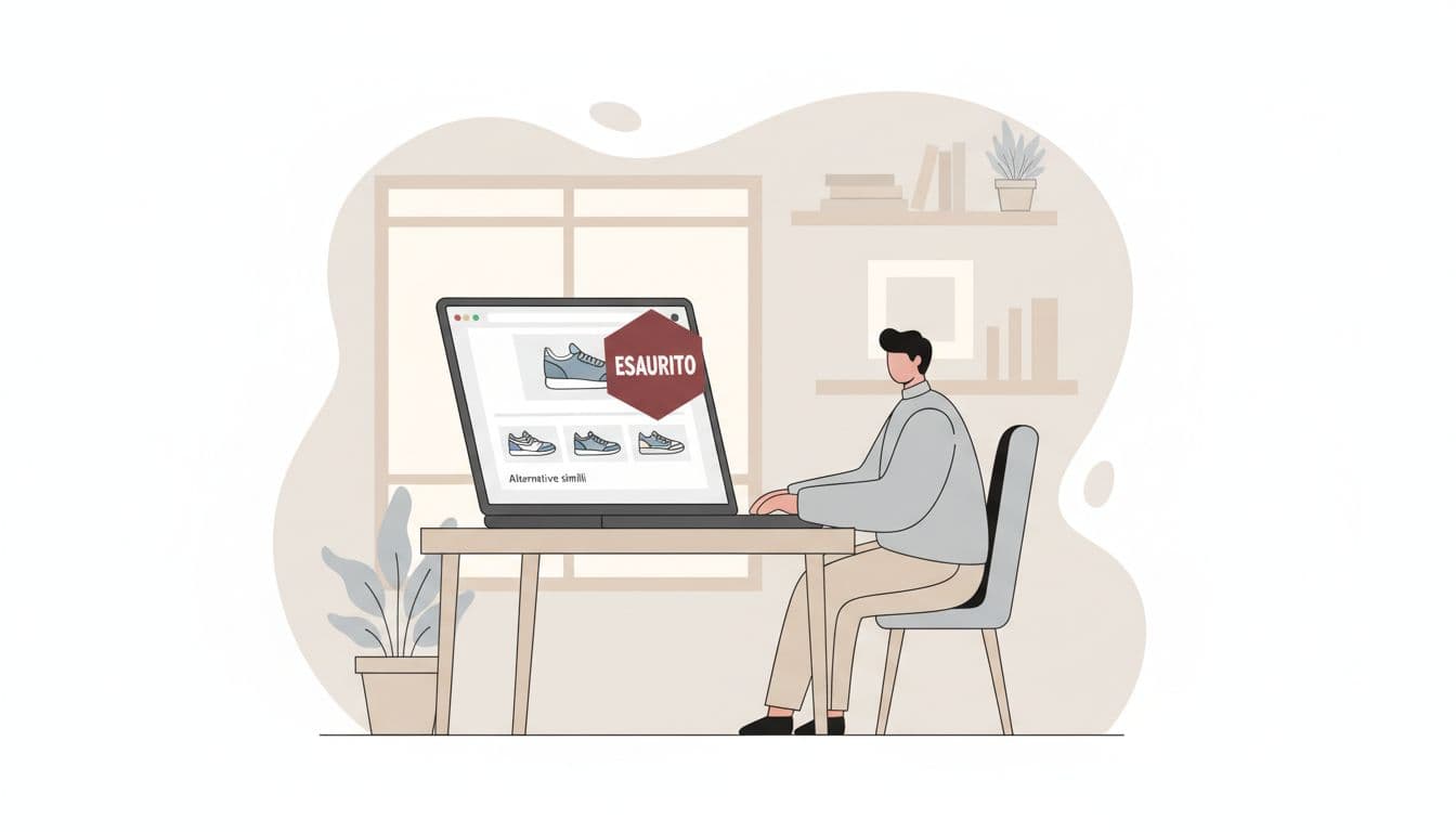 Modern clean illustration of a laptop in a bright office displaying an e-commerce product page marked as sold out, alongside similar alternative products, with soft natural lighting and neutral tones.