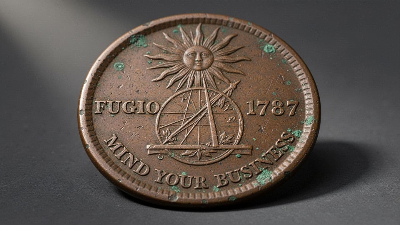 Highly detailed museum-style macro photograph of the obverse of a 1787 U.S. Fugio copper cent, featuring aged patina, verdigris spots, sundial with FUGIO and 1787, and MIND YOUR BUSINESS motto on a dark gray background.