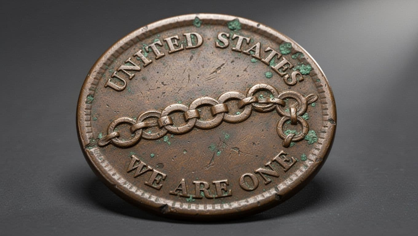 Museum-style macro photograph of the reverse of an early U.S. 1787 Fugio cent on dark gray background, featuring aged copper patina, verdigris spots, 'UNITED STATES' and 'WE ARE ONE' lettering, and a central chain of 13 linked circles.