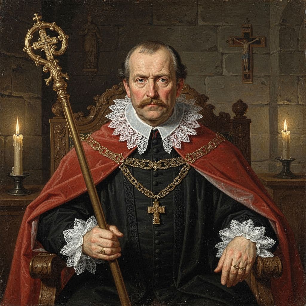 Illustration style portrait of 17th-century Würzburg Prince-Bishop Philipp Adolf von Ehrenberg, a stern middle-aged man in elaborate black clerical robes, red cape, holding a golden crosier, seated in an ornate wooden chair in a candlelit stone chamber.
