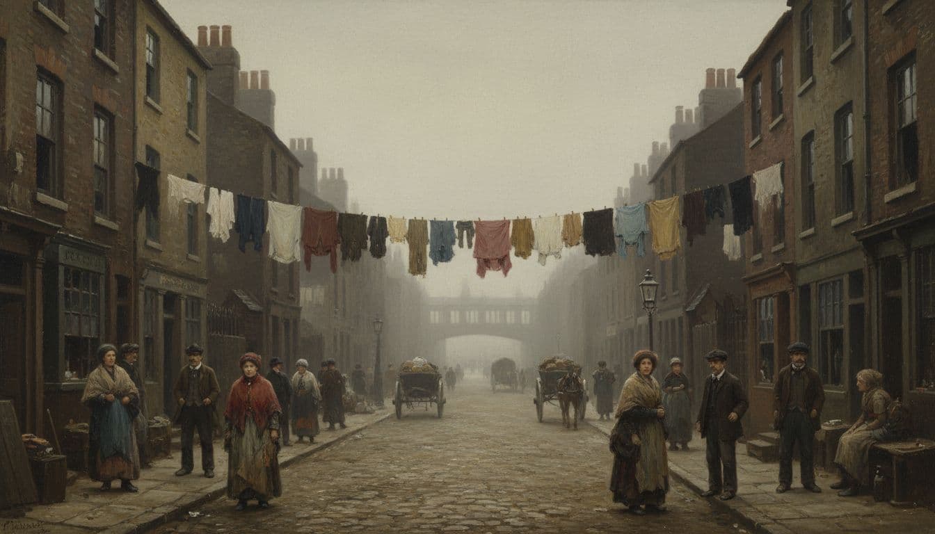 Landscape view of Lambeth, London in the 1890s, with narrow cobblestone streets lined by rundown terraced houses and tenements, poor working-class people in Victorian clothing, horse-drawn carts, and the River Thames under a thick foggy sky.
