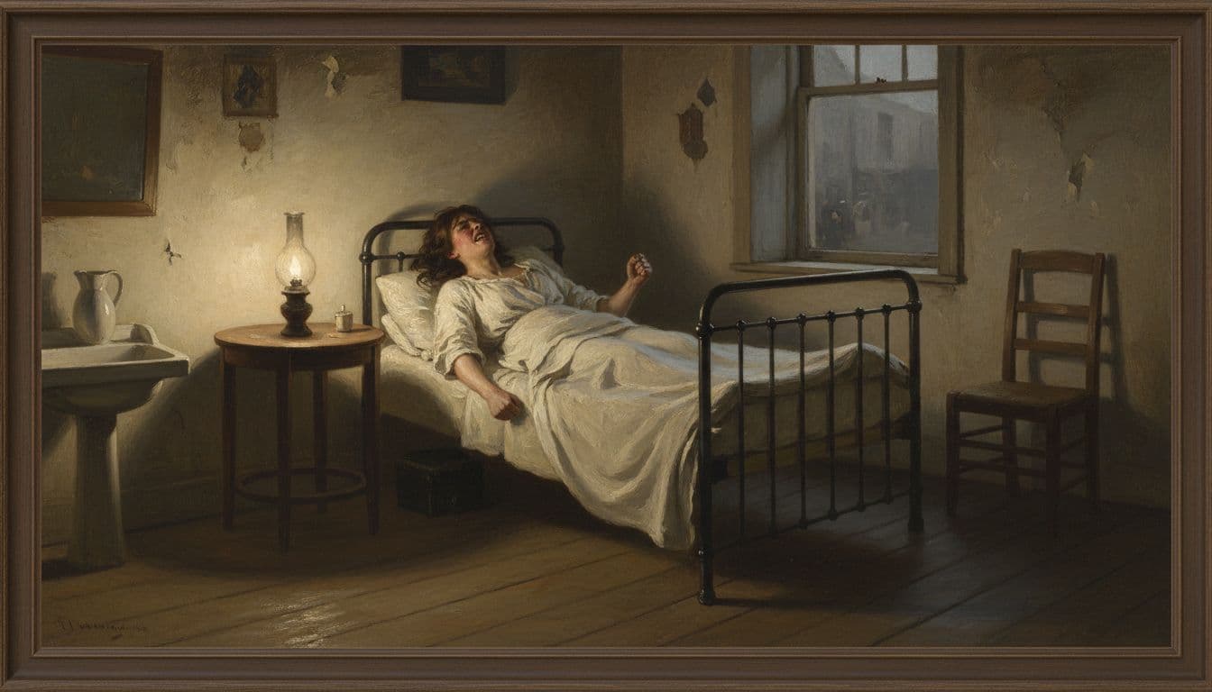 Realistic Victorian genre painting of a young working-class woman writhing in pain from strychnine poisoning on a simple iron bed in a modest 1890s London bedroom at night, dimly lit by gas lamp.