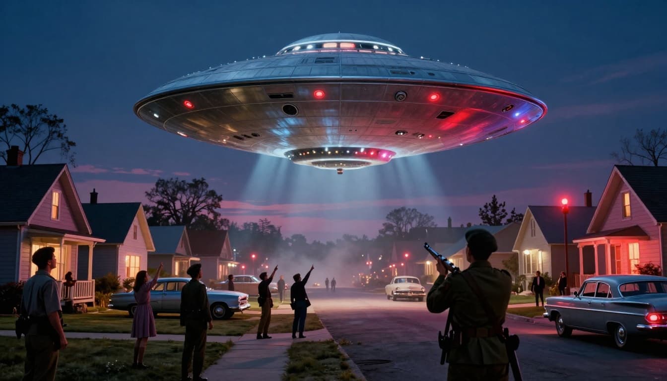 A massive silver flying saucer hovers above a quiet American suburb at dusk, casting eerie glows on houses and streets, with townsfolk in period clothing and soldiers aiming rifles skyward in a retro movie poster style.