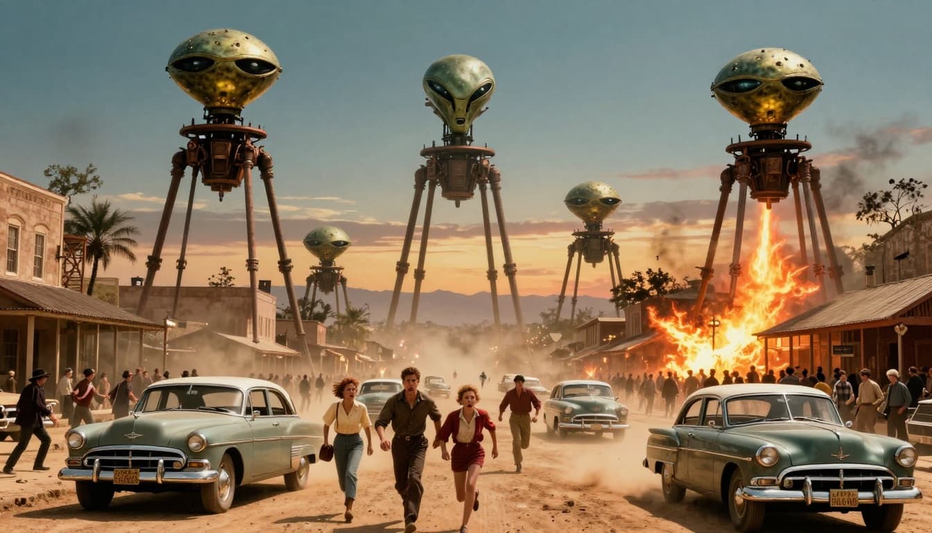 A dramatic 1950s-style alien invasion scene from War of the Worlds with towering tripod machines emerging from Martian cylinders amid panicked crowds fleeing in vintage cars on a dusty American town street at dusk.