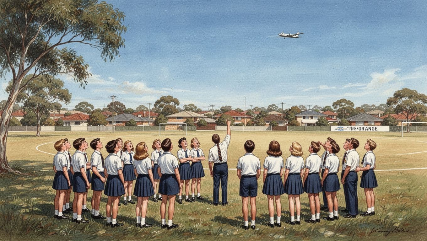 Illustration style image of a 1960s Australian high school oval during daytime with about 20 surprised teenagers in uniforms gathered on the grassy field, looking at a small distant aircraft in the clear blue sky, teacher pointing upward, suburban houses and The Grange field in background.