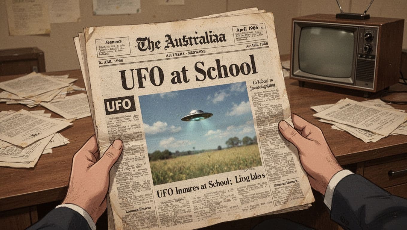 Illustration of a 1960s Australian newspaper front page depicting a school UFO sighting in April 1966, held relaxed in one hand amid a vintage office desk with scattered papers and an old TV, featuring detailed paper texture and warm lighting.
