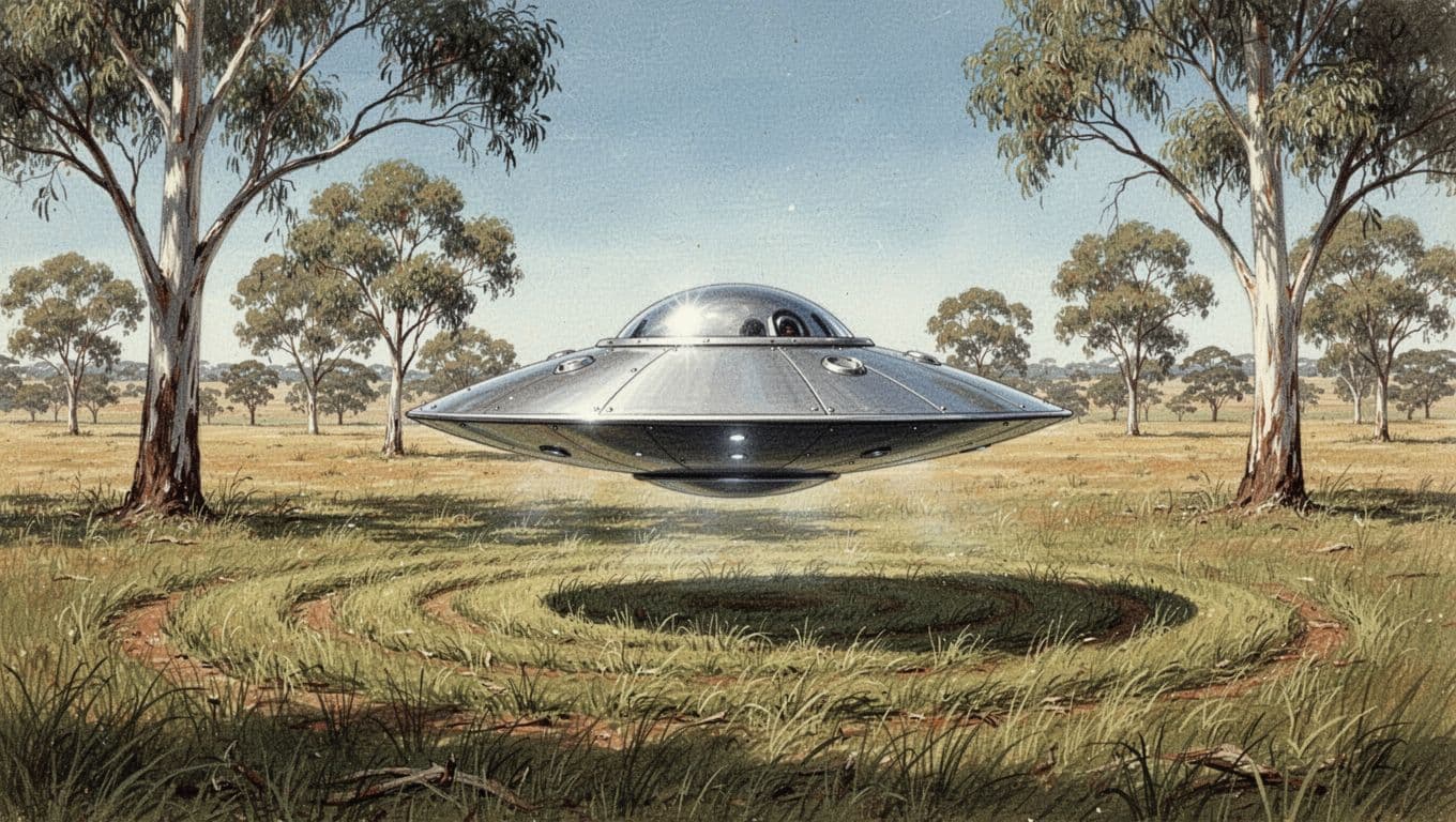 Illustration depicting a bright silver-grey metallic disc-shaped UFO hovering low over grass near gum trees in Australian farmland during daylight, 1960s setting with circular grass patterns and a sense of mystery.