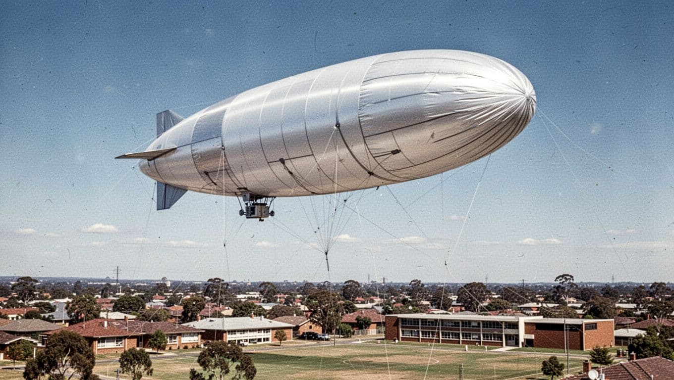 Illustration of a high-altitude research balloon drifting over suburban Melbourne in 1966, with an elongated white balloon against a blue sky and distant school buildings below in a low-angle view.
