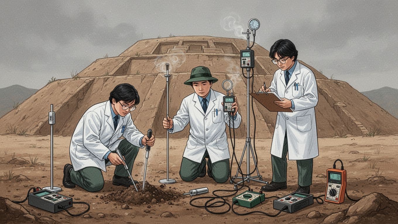 Illustration of three 1980s scientists in period clothing conducting soil and air sampling near China's Qin Shi Huang mausoleum mound, with one kneeling for soil, one holding an air monitor, and one noting data amid scattered gear under a gray sky.