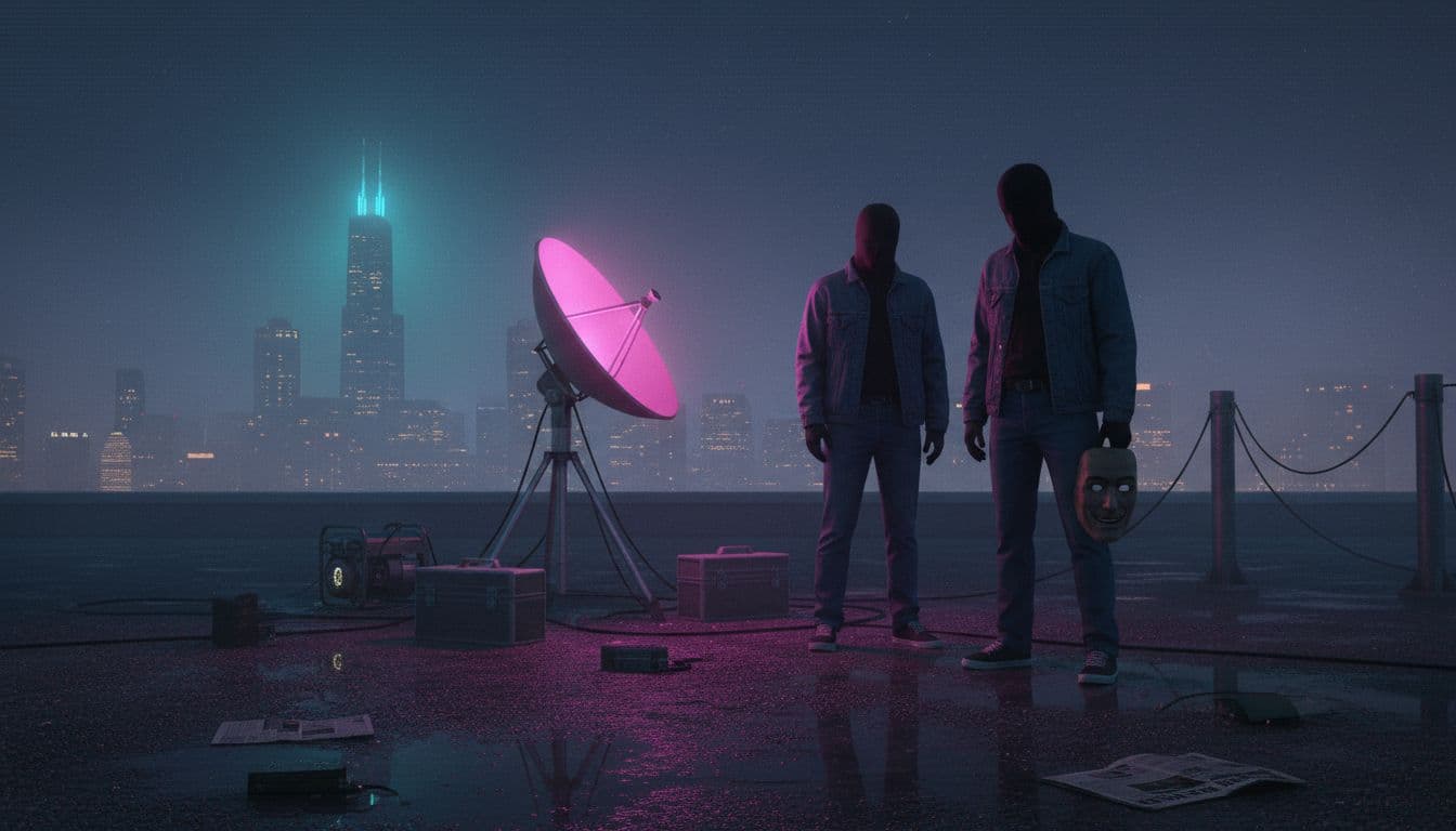 Foggy 1987 Chicago rooftop with silhouetted figures, portable transmitter, and rubber Max Headroom mask, evoking the mysterious TV broadcast hijack in retro synthwave style.