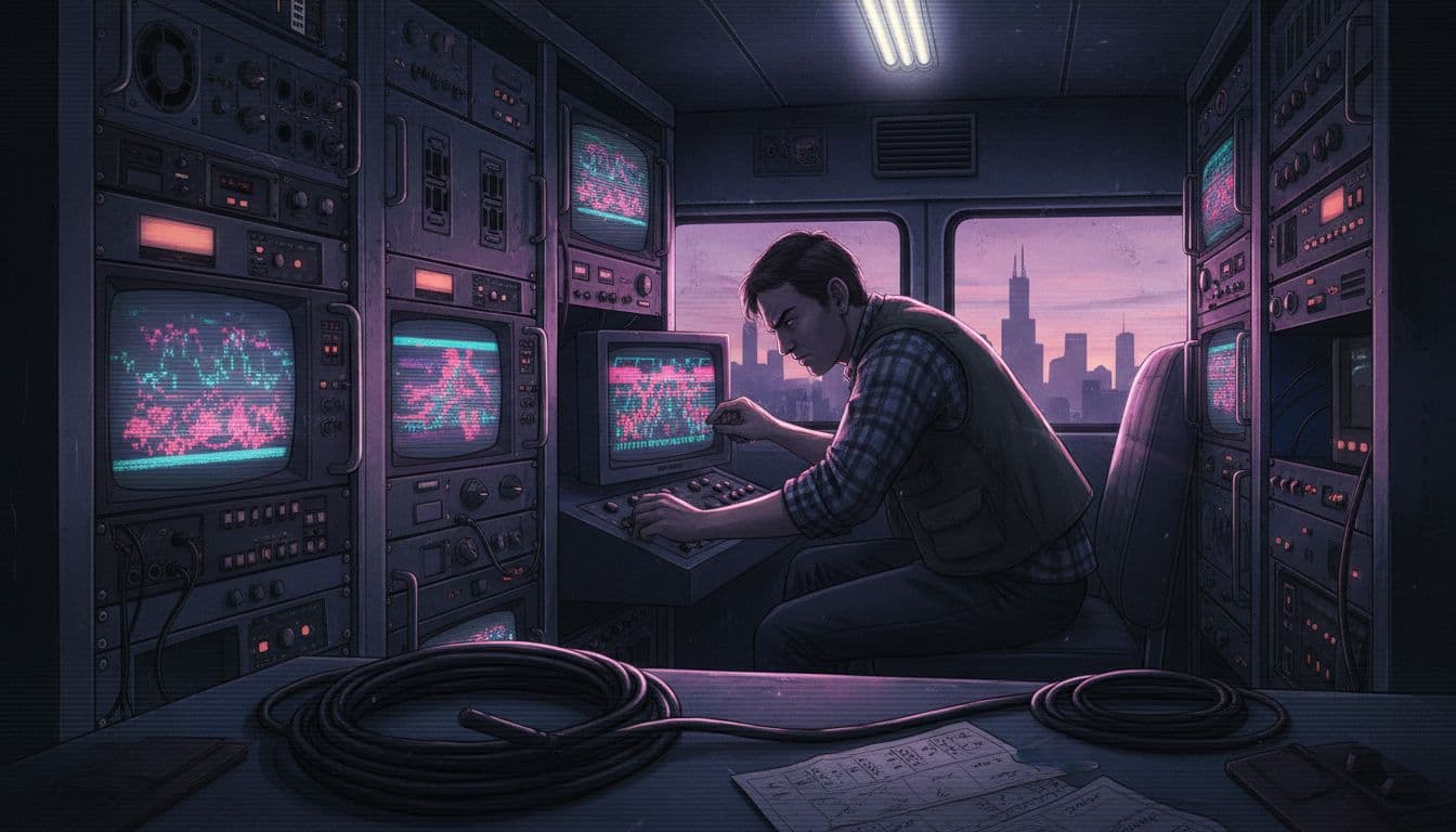 Historically grounded illustration inside a dimly lit 1980s broadcast van near Chicago during the Max Headroom signal hijack, featuring analog RF equipment, a focused technician, coaxial cables, and Chicago skyline at dusk in retro synthwave style.
