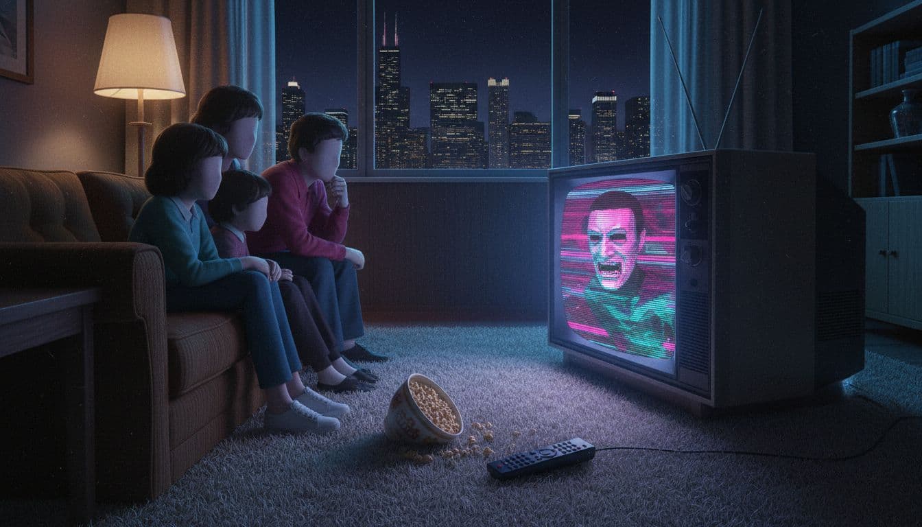 Historically grounded illustration of the 1987 Max Headroom signal hijack in a cozy 1980s Chicago living room, with a family watching a glitching CRT TV showing the masked figure against a corrugated metal background, in retro synthwave style.