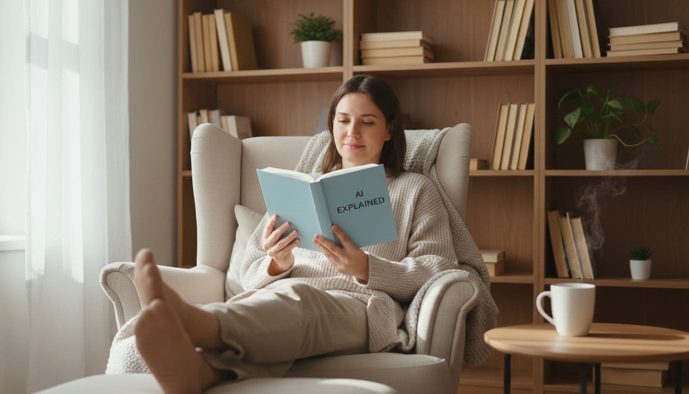 Adult sits in armchair holding paperback book with relaxed hands, coffee mug on side table in bright living room with bookshelves.