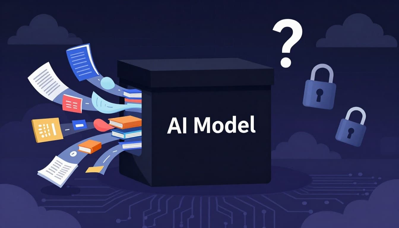 A modern vector illustration of a large black box labeled 'AI Model' with colorful streams of books, articles, and images flowing in from the left, surrounded by question marks and padlocks on the right symbolizing training data uncertainty, in blue-purple tones with circuit patterns and data clouds.