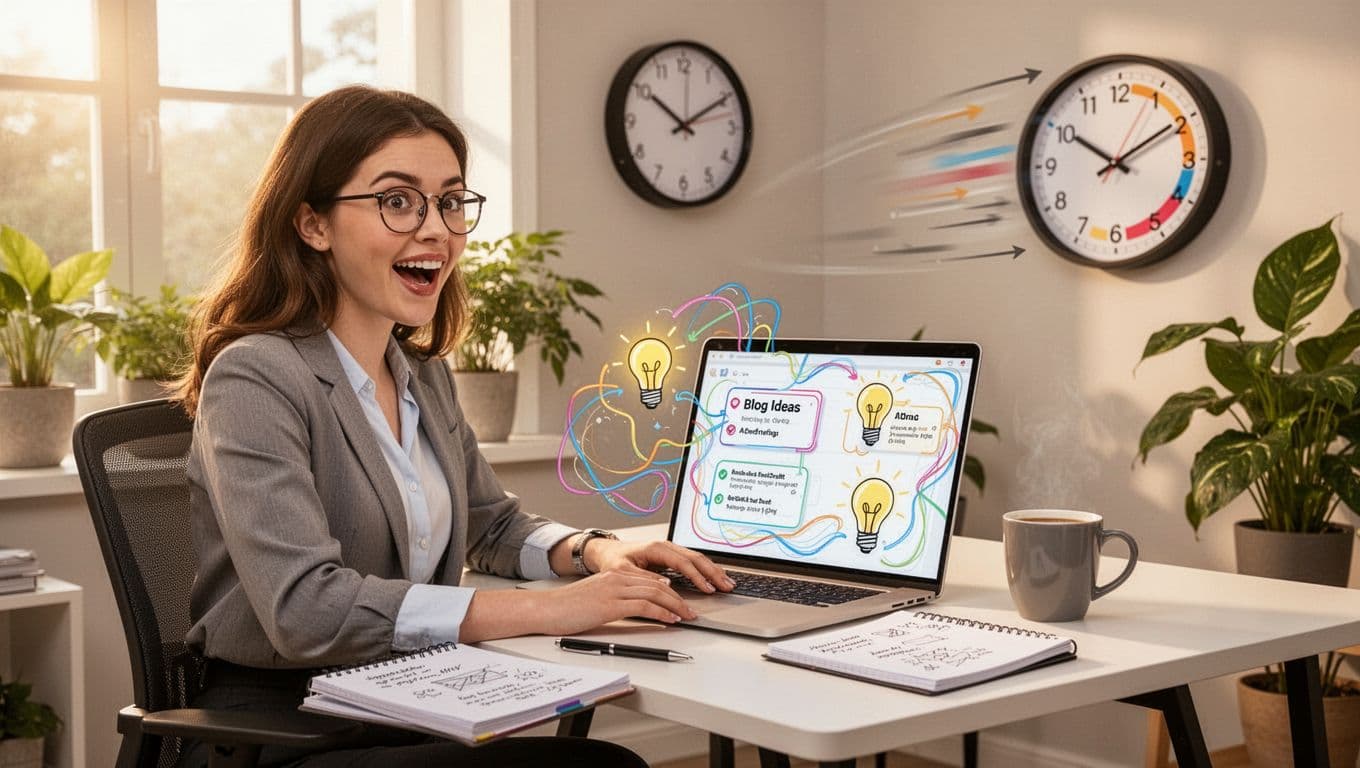 Illustration of a young professional woman with glasses in a bright home office, laptop displaying abstract colorful outlines, bullet points, and lightbulb icons for AI-generated blog ideas, hands on keyboard, notebook, coffee mug, fast-moving clock, and window with sunlight and plants, conveying warm productive mood.