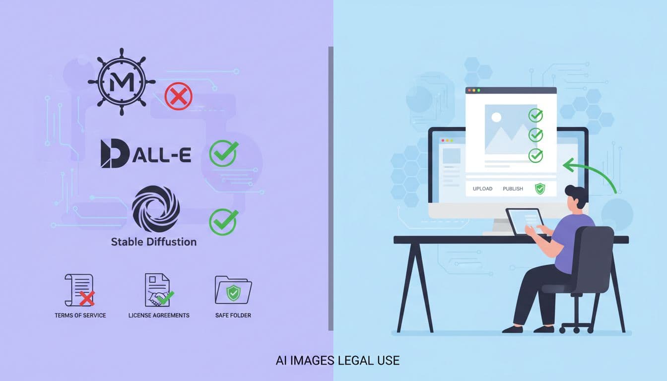 Split-screen illustration of AI image tools and a blogger getting usage approval