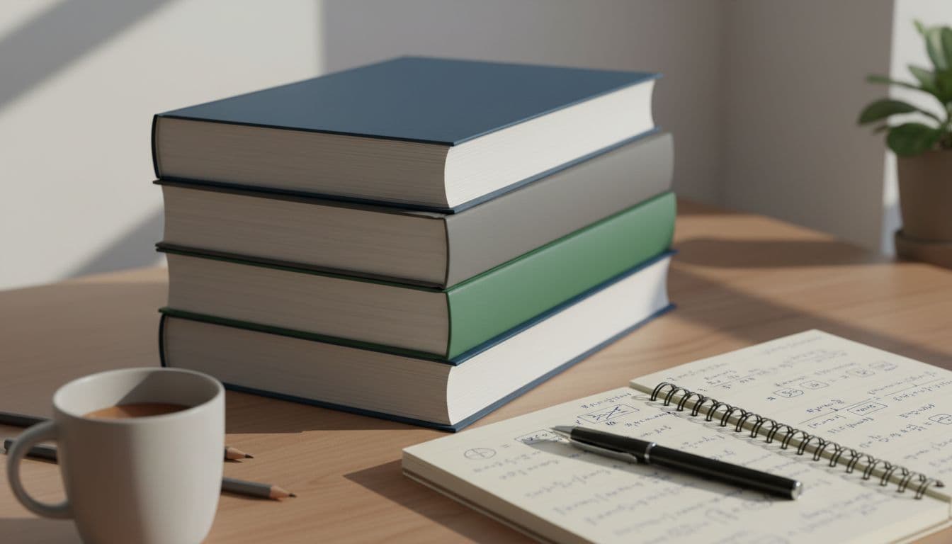Desk with stack of three thick machine learning and AI textbooks beside open notebook with handwritten notes and pen in natural daylight.