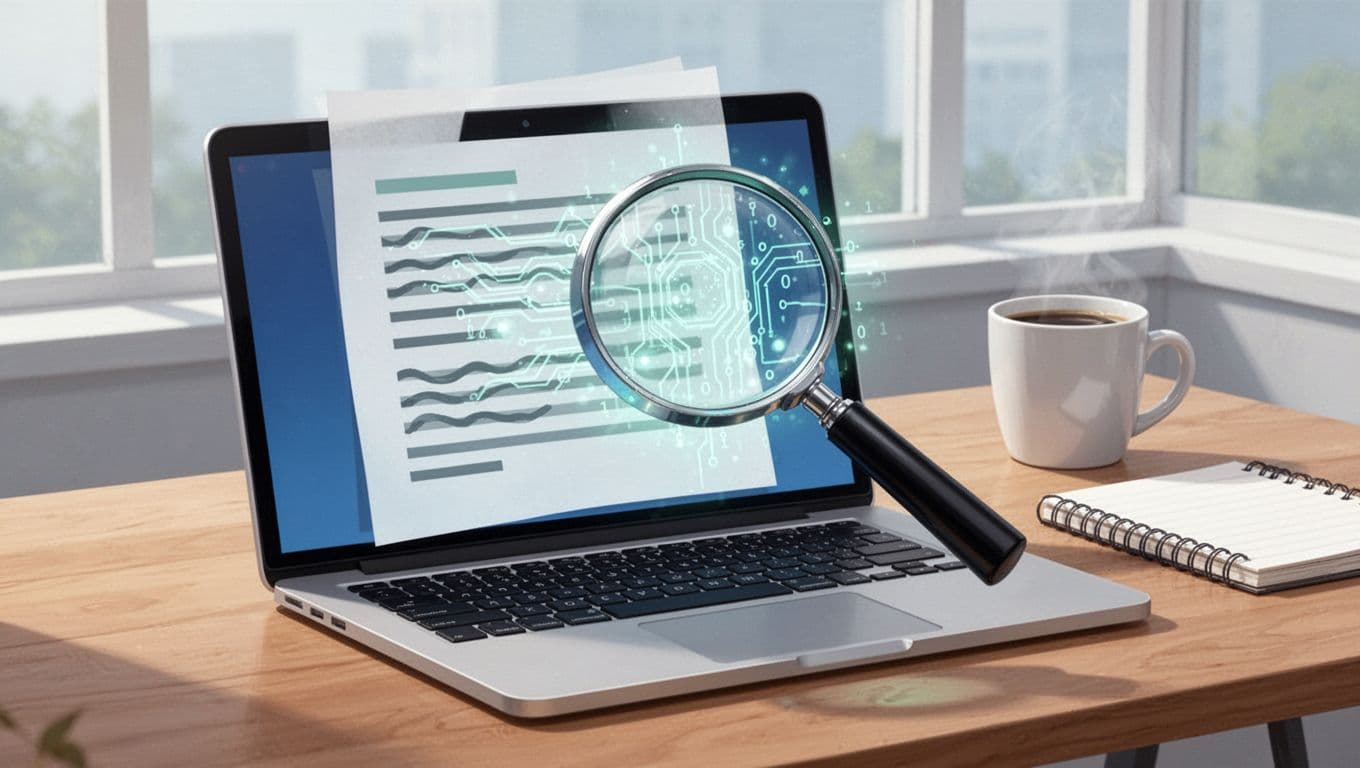 Clean flat design illustration of a laptop on a wooden desk with a magnifying glass revealing glowing circuit and binary patterns beneath document text, symbolizing AI detection.