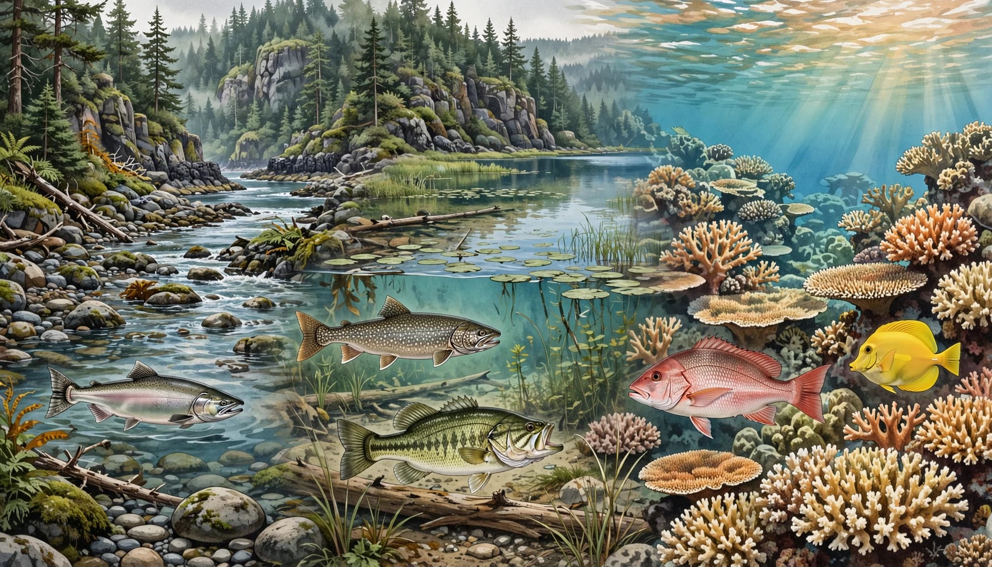 A natural-history illustration showing US fish communities across river, lake, and coral reef habitats.