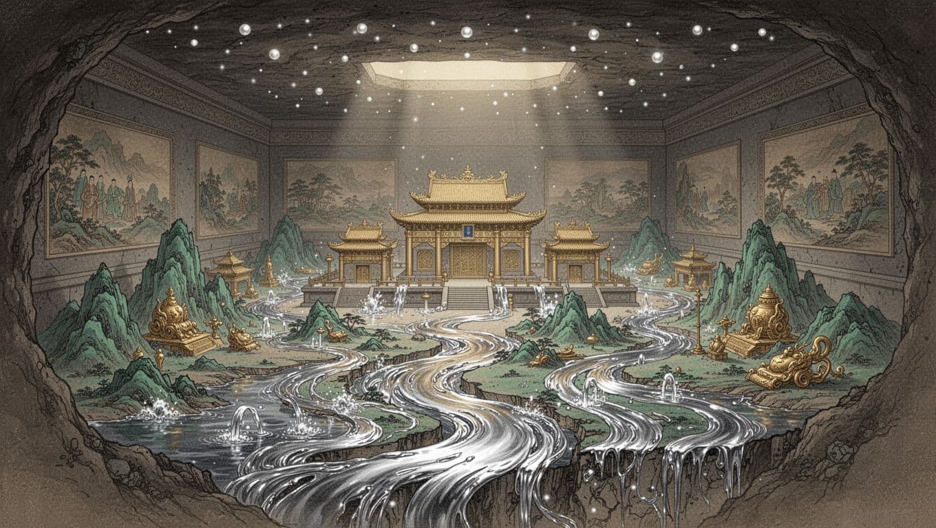 Illustration of a conceptual cross-section view of an ancient underground tomb chamber, featuring symbolic rivers of shimmering liquid mercury flowing through miniature jade and bronze landscapes, centered on intricate golden palace structures under a pearl-star ceiling.