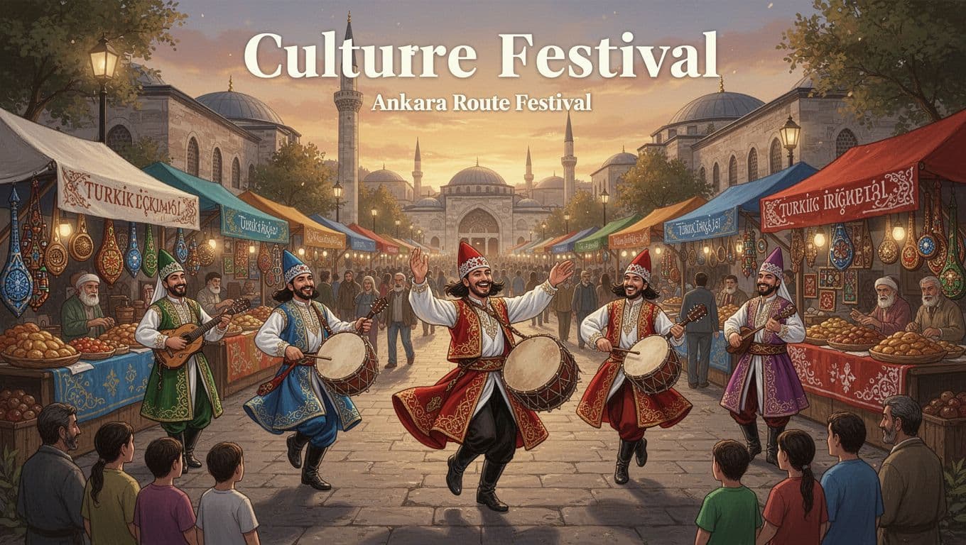Detailed illustration of a lively street festival in Ankara featuring 4-5 performers in traditional Turkic costumes dancing with drums amid colorful market stalls, historic buildings in the background, and golden hour lighting.