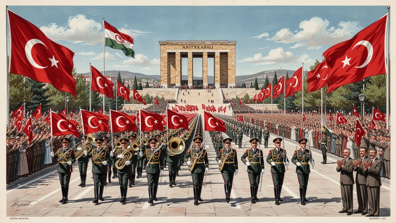 Detailed landscape illustration of Republic Day celebrations in Ankara, showing a grand parade with marching bands, Turkish flags, soldiers, Anıtkabir monument in the background, and cheering crowds under a sunny sky.