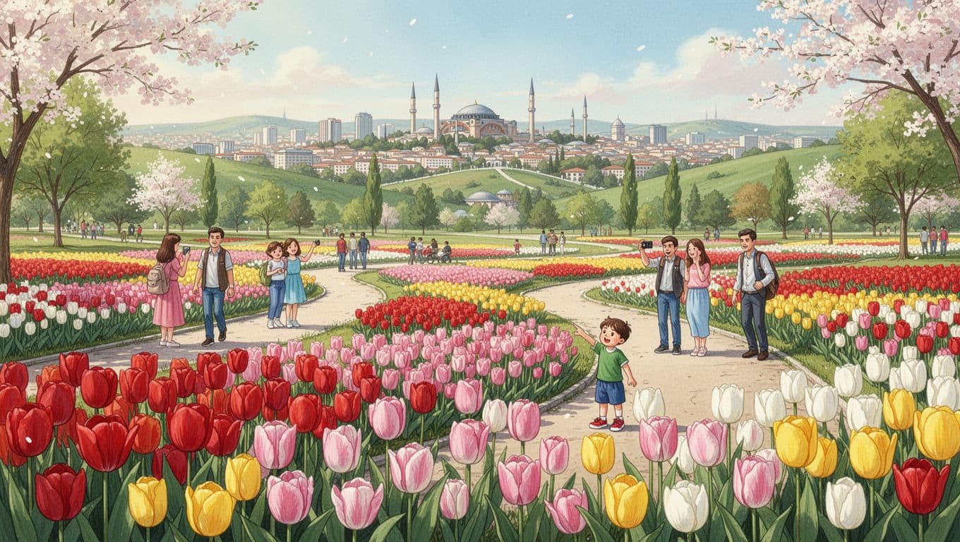 Landscape illustration of Ankara Tulip Festival in a city park with vast fields of blooming tulips in bright reds, pinks, yellows, and whites, winding paths with families strolling, and distant Ankara skyline on a clear spring morning.